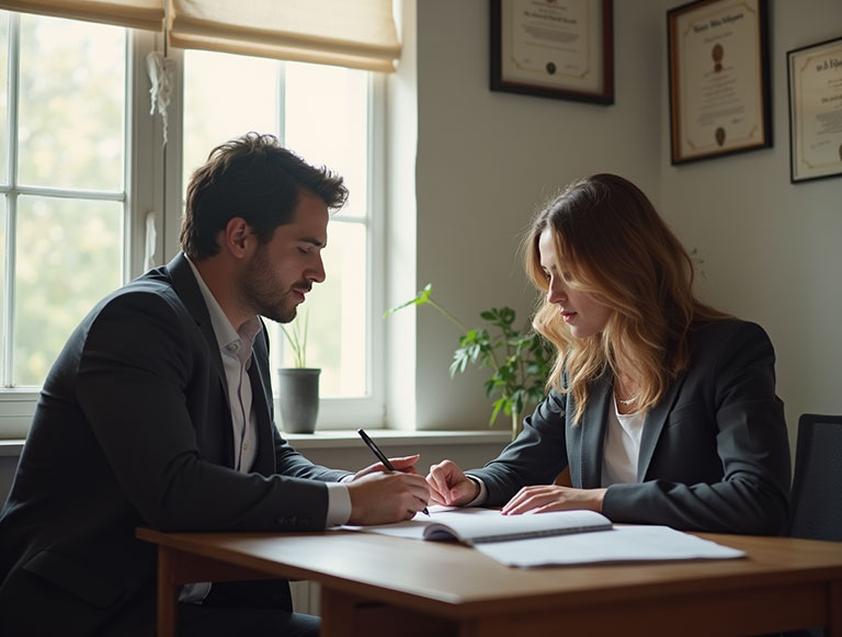 plano_lateral_de_dos_asesores_trabajando_juntos_en_un_escritorio_compartiendo_documentos